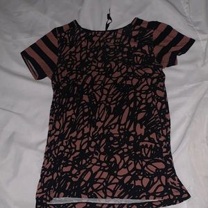 Black and orange(ish) scribble patterned shirt